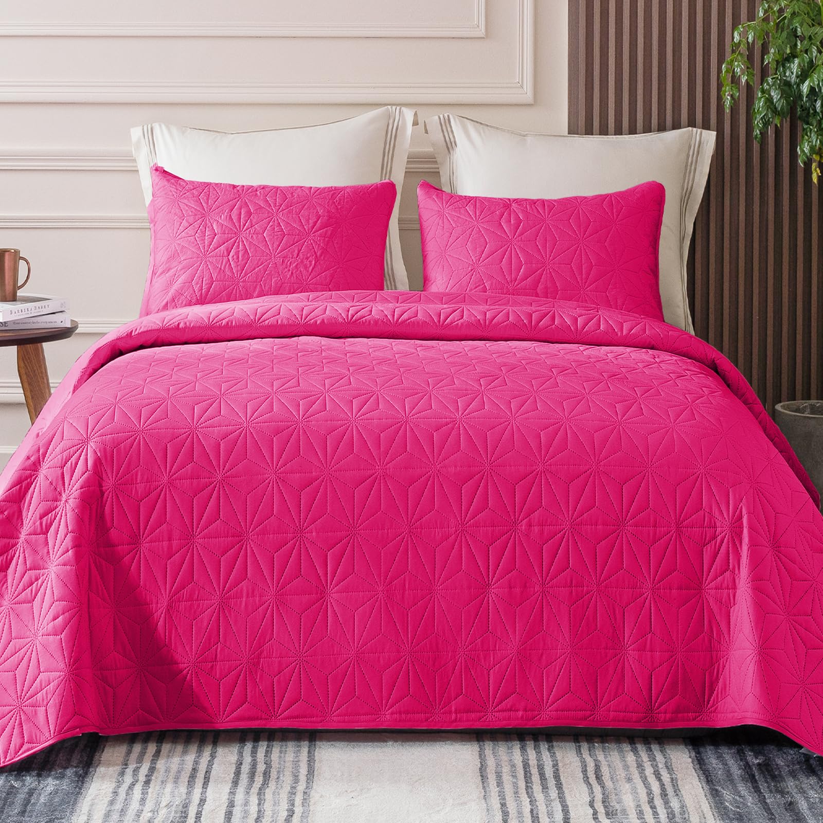 Whale Flotilla King Size Quilt Bedding Set, Soft Hot Pink King Quilts Bedspreads For All Seasons, Lightweight Geometric Star Pat